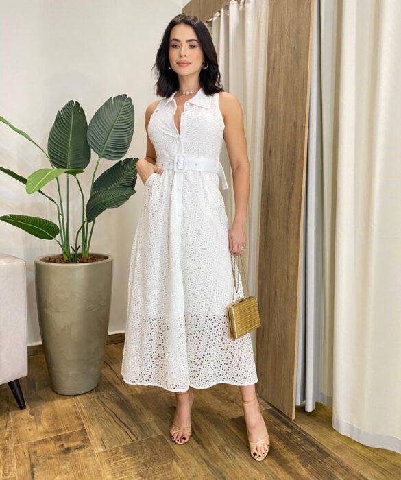 Vestido Longo Rafaela Laise sem Bojo com Botões e Cinto Branco - Fernanda Ramos Store