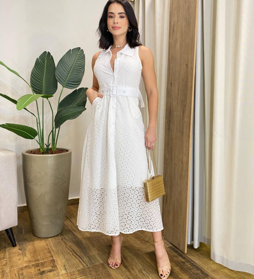 Vestido Longo Rafaela Laise sem Bojo com Botões e Cinto Branco - Fernanda Ramos Store