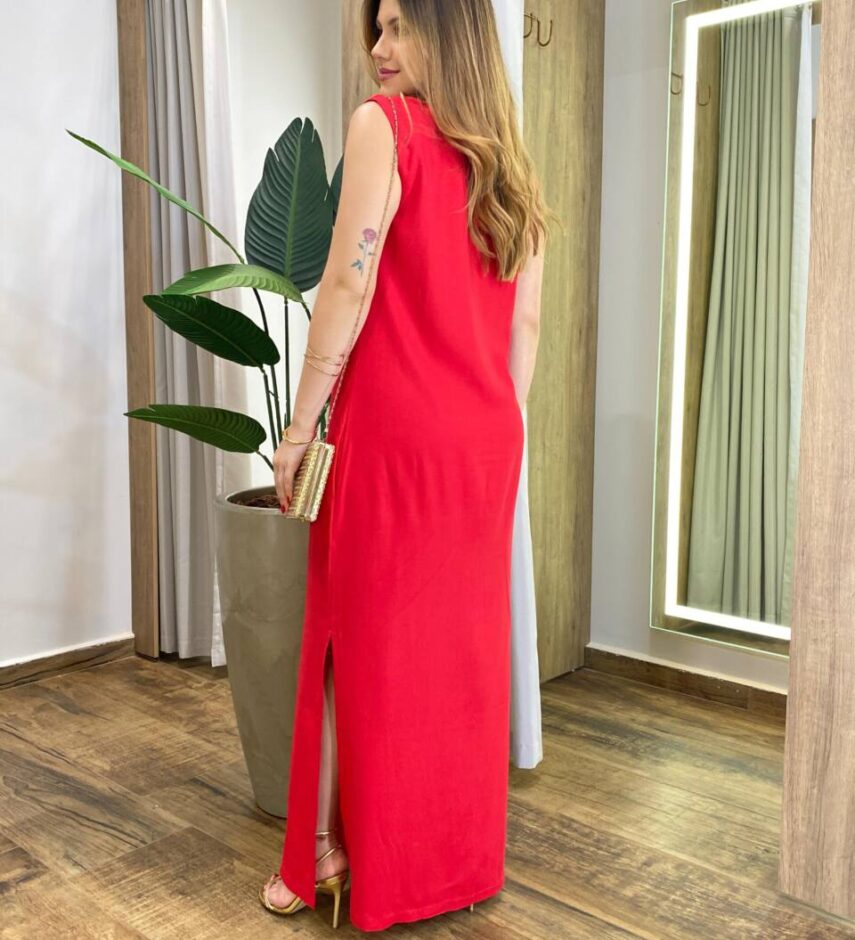 Vestido Longo Rute Viscolinho sem Bojo com Fenda Lateral Vermelho - Fernanda Ramos Store