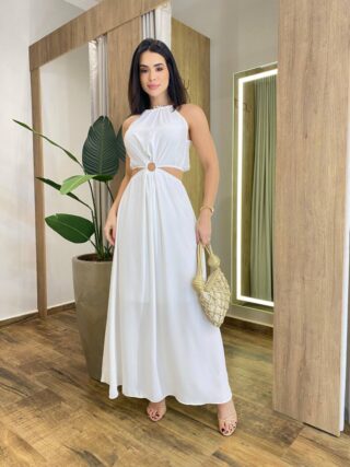 Vestido Longo Vanessa Crepe sem Bojo com Abertura Branco - Fernanda Ramos Store