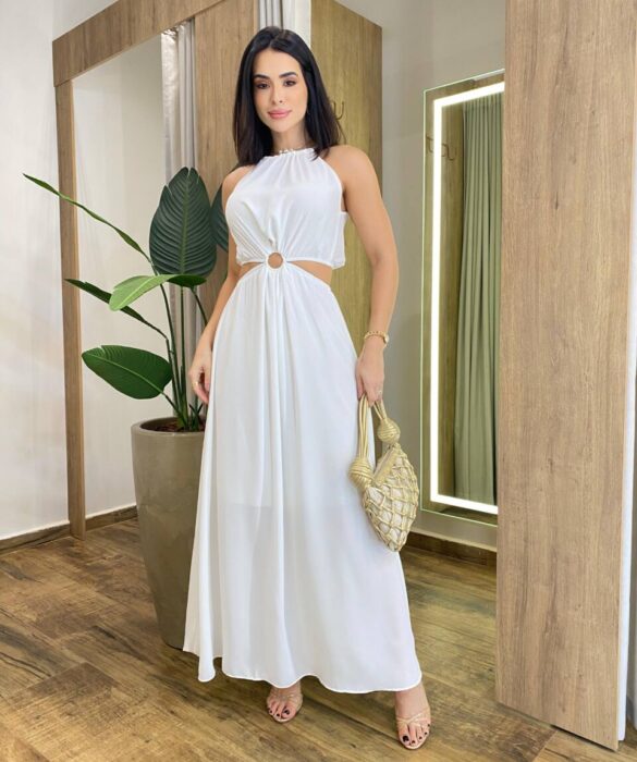 Vestido Longo Vanessa Crepe sem Bojo com Abertura Branco - Fernanda Ramos Store