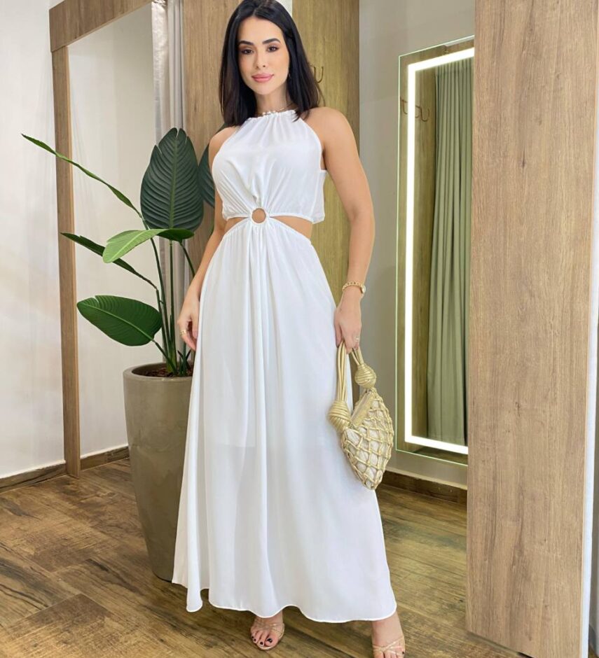 Vestido Longo Vanessa Crepe sem Bojo com Abertura Branco - Fernanda Ramos Store