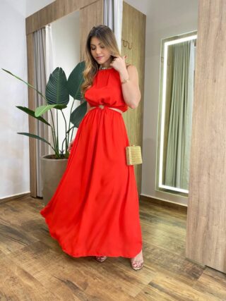 Vestido Longo Vanessa Crepe sem Bojo com Abertura Vermelho - Fernanda Ramos Store