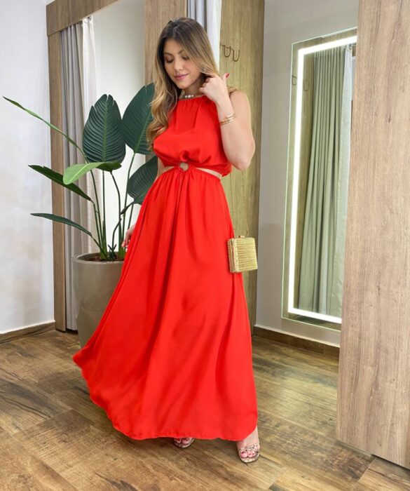 Vestido Longo Vanessa Crepe sem Bojo com Abertura Vermelho - Fernanda Ramos Store