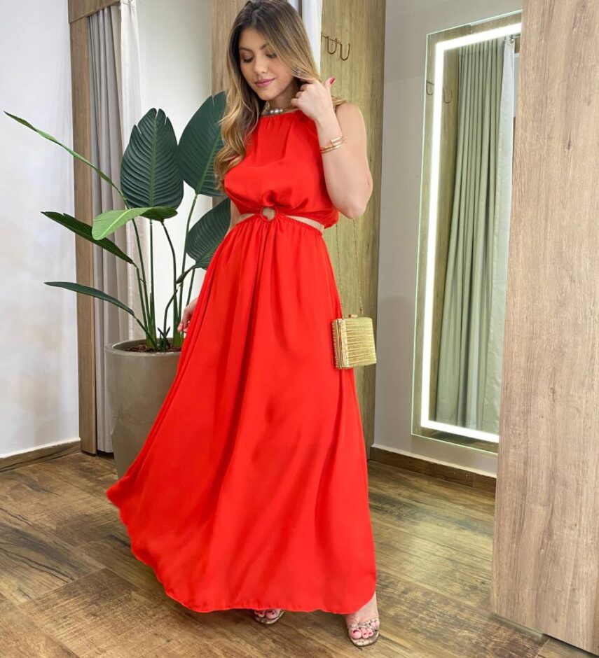 Vestido Longo Vanessa Crepe sem Bojo com Abertura Vermelho - Fernanda Ramos Store