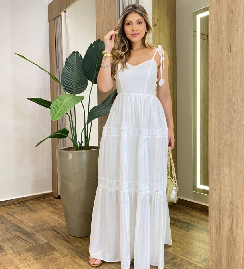 Vestido Longo Zoe sem Bojo com Detalhe em Guipir Branco - Fernanda Ramos Store