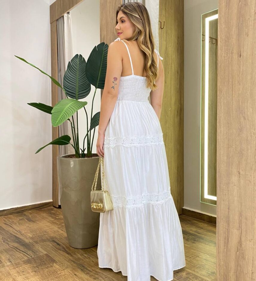 Vestido Longo Zoe sem Bojo com Detalhe em Guipir Branco - Fernanda Ramos Store