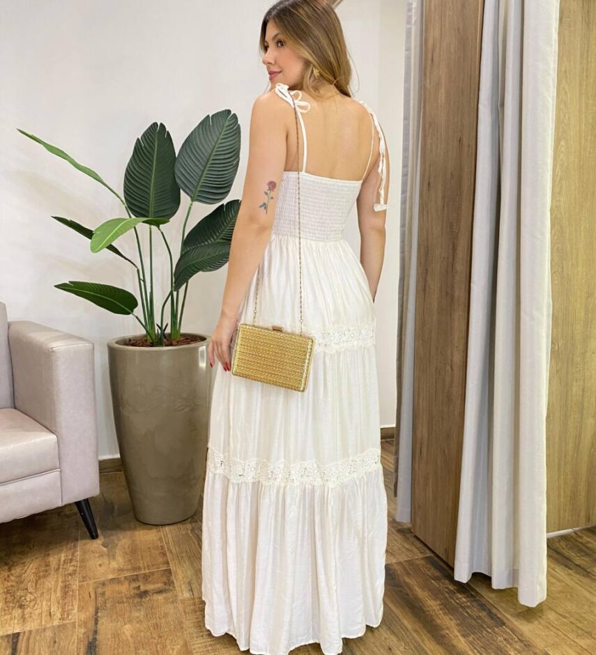 Vestido Longo Zoe sem Bojo com Detalhe em Guipir Creme - Fernanda Ramos Store