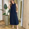 Vestido Midi Ana sem Bojo com Fenda Lateral e Bolsos Preto - Fernanda Ramos Store