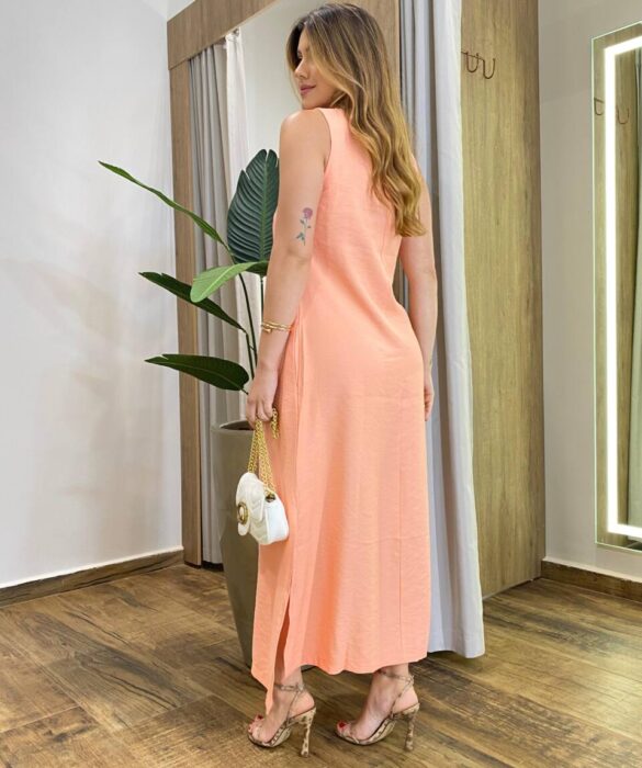 Vestido Midi Ana sem Bojo com Fenda Lateral e Bolsos Salmão - Fernanda Ramos Store