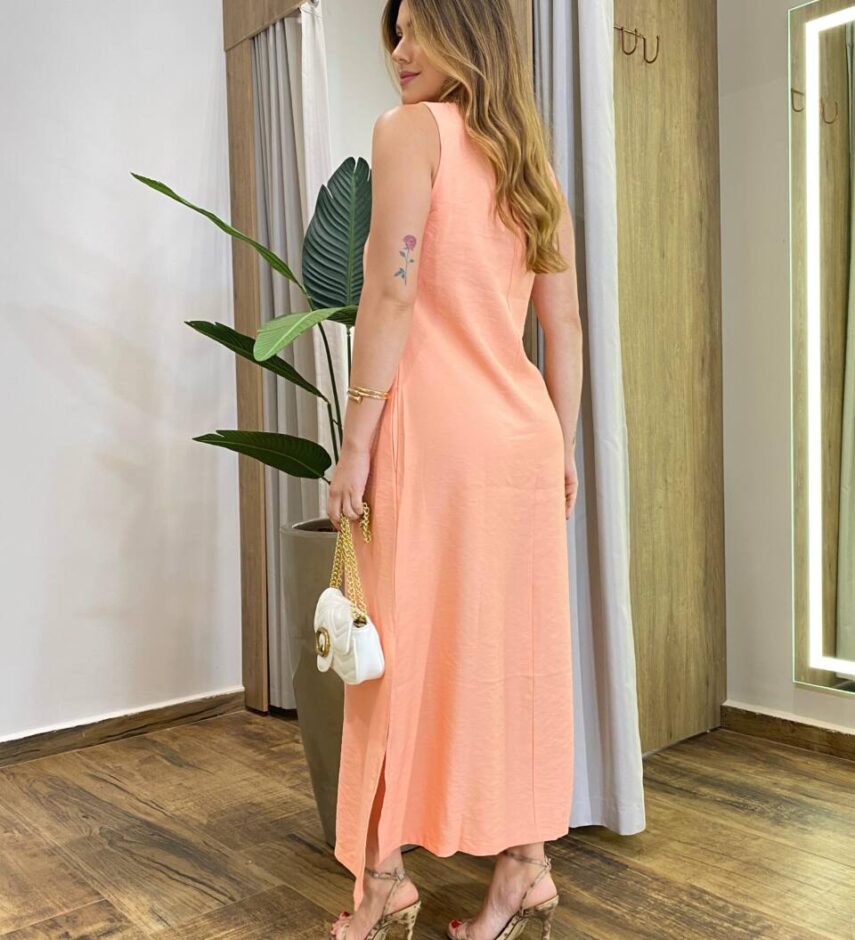 Vestido Midi Ana sem Bojo com Fenda Lateral e Bolsos Salmão - Fernanda Ramos Store