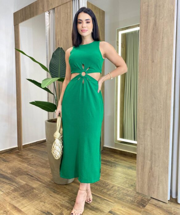 Vestido Midi Catarina sem Bojo com Abertura Verde Bandeira - Fernanda Ramos Store