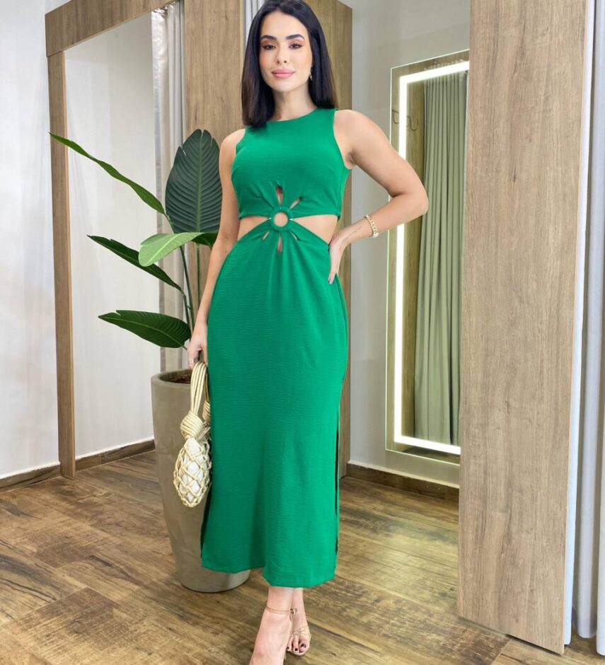 Vestido Midi Catarina sem Bojo com Abertura Verde Bandeira - Fernanda Ramos Store