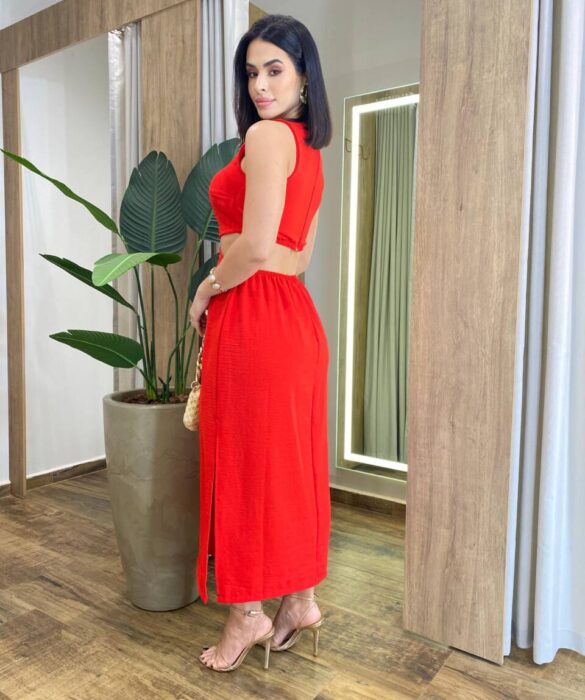 Vestido Midi Catarina sem Bojo com Abertura Vermelho - Fernanda Ramos Store