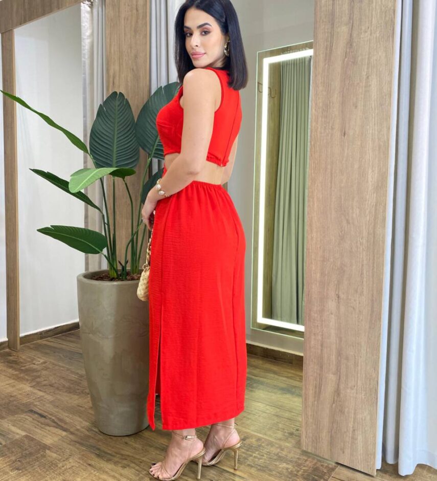 Vestido Midi Catarina sem Bojo com Abertura Vermelho - Fernanda Ramos Store