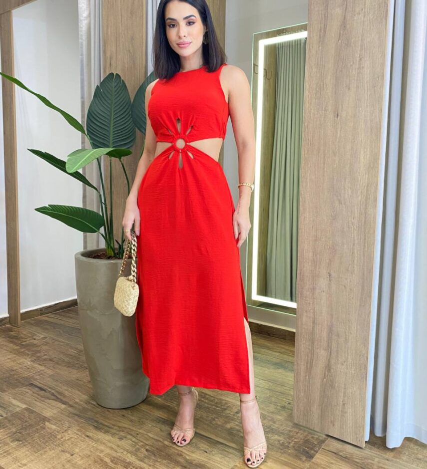 Vestido Midi Catarina sem Bojo com Abertura Vermelho - Fernanda Ramos Store