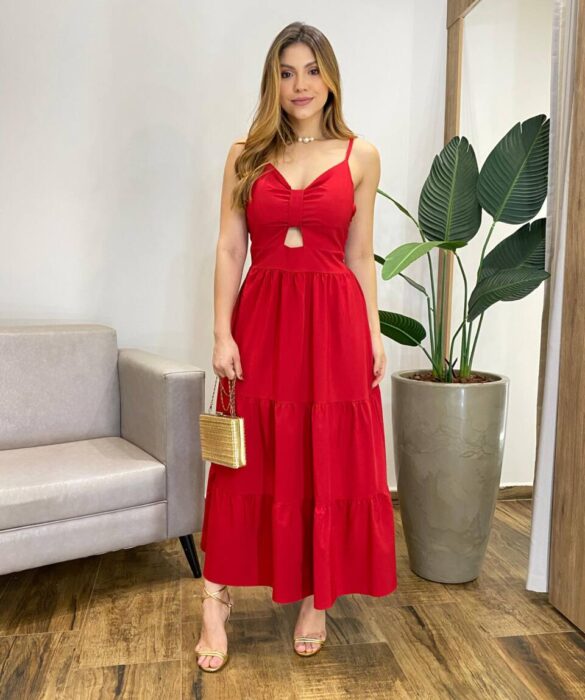 Vestido Midi com Bojo e Abertura Liz Vermelho - Fernanda Ramos Store