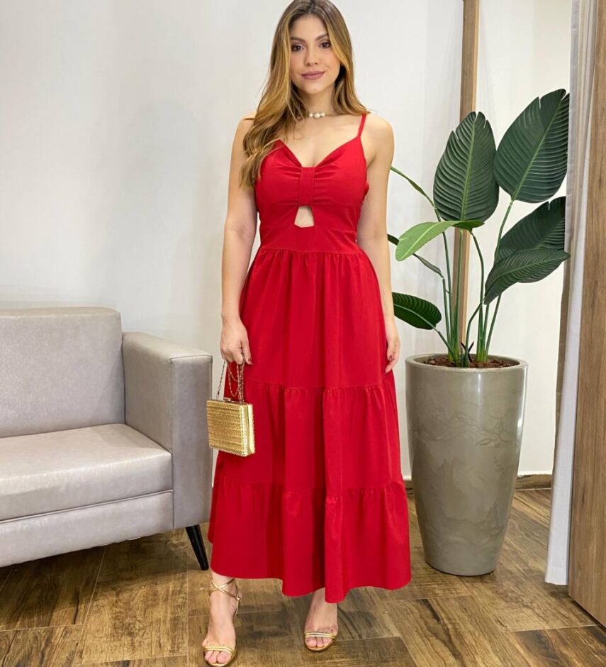 Vestido Midi com Bojo e Abertura Liz Vermelho - Fernanda Ramos Store