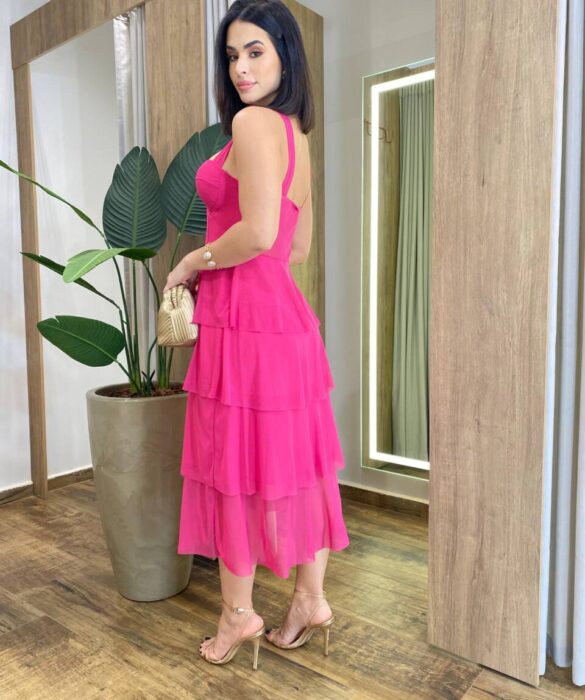 Vestido Midi com Bojo Gabrieli Tule Pink - Fernanda Ramos Store