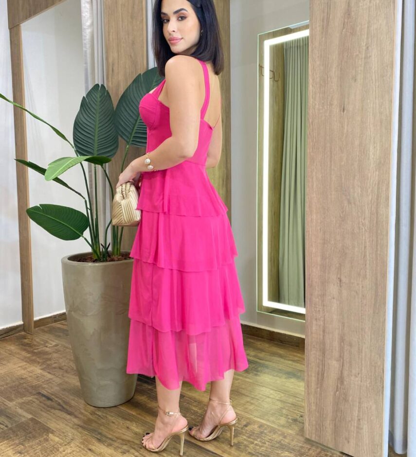 Vestido Midi com Bojo Gabrieli Tule Pink - Fernanda Ramos Store