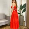 Vestido Midi Elo Alça Regulável com Bojo e Amarração Atrás Vermelho - Fernanda Ramos Store