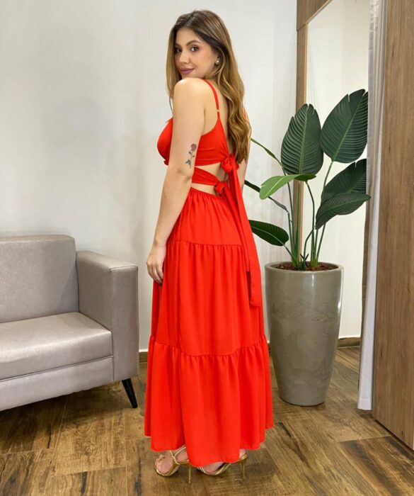 Vestido Midi Elo Alça Regulável com Bojo e Amarração Atrás Vermelho - Fernanda Ramos Store