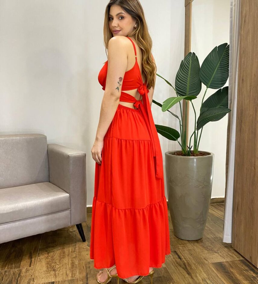 Vestido Midi Elo Alça Regulável com Bojo e Amarração Atrás Vermelho - Fernanda Ramos Store