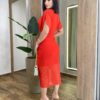 Vestido Midi Jéssica Tule sem Bojo Manga Curta Fenda Frontal Vermelho - Fernanda Ramos Store