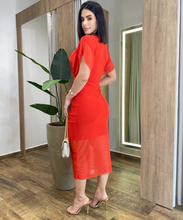 Vestido Midi Jéssica Tule sem Bojo Manga Curta Fenda Frontal Vermelho - Fernanda Ramos Store