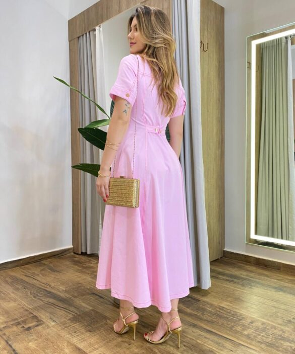 Vestido Midi Lady Sarja Manga Curta com Elastano e Botões Rosa - Fernanda Ramos Store