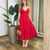 Vestido Midi Laura com Bojo e Amarração Atrás Vermelho Escuro - Fernanda Ramos Store