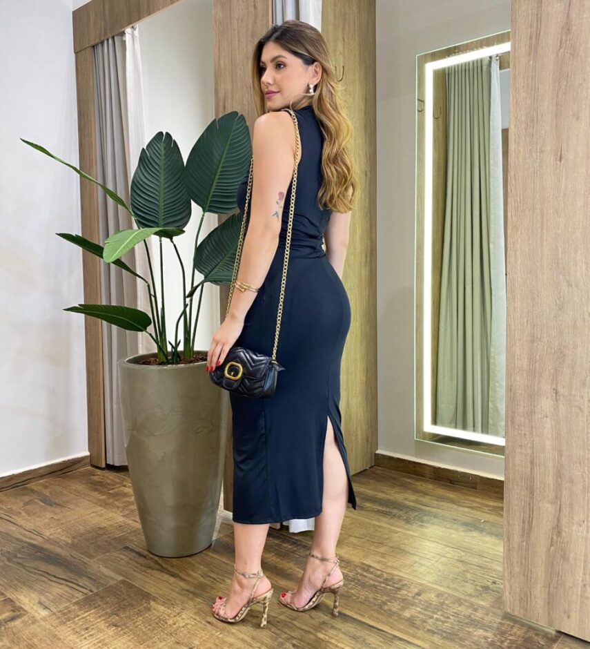 Vestido Midi Zaya Drapeado sem Bojo com Fenda Preto - Fernanda Ramos Store