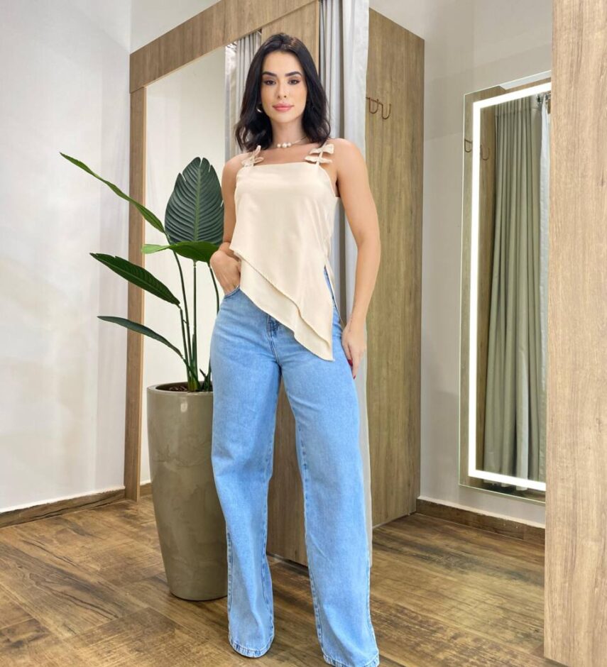 Blusa Feminina Assimétrica Jane Alça Regulável sem Bojo Bege - Fernanda Ramos Store