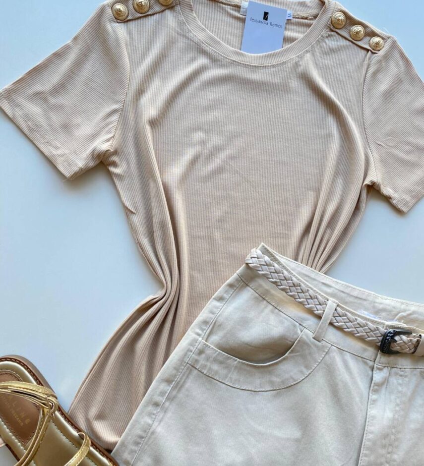 Blusa Feminina Manga Curta Modal Bella com Detalhe Bege - Fernanda Ramos Store