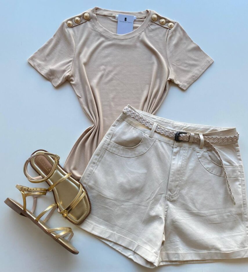 Blusa Feminina Manga Curta Modal Bella com Detalhe Bege - Fernanda Ramos Store