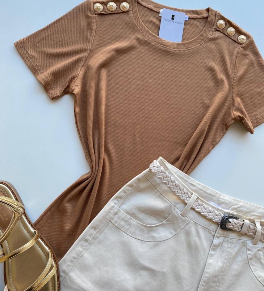 Blusa Feminina Manga Curta Modal Bella com Detalhe Caramelo - Fernanda Ramos Store