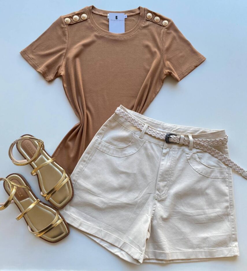 Blusa Feminina Manga Curta Modal Bella com Detalhe Caramelo - Fernanda Ramos Store