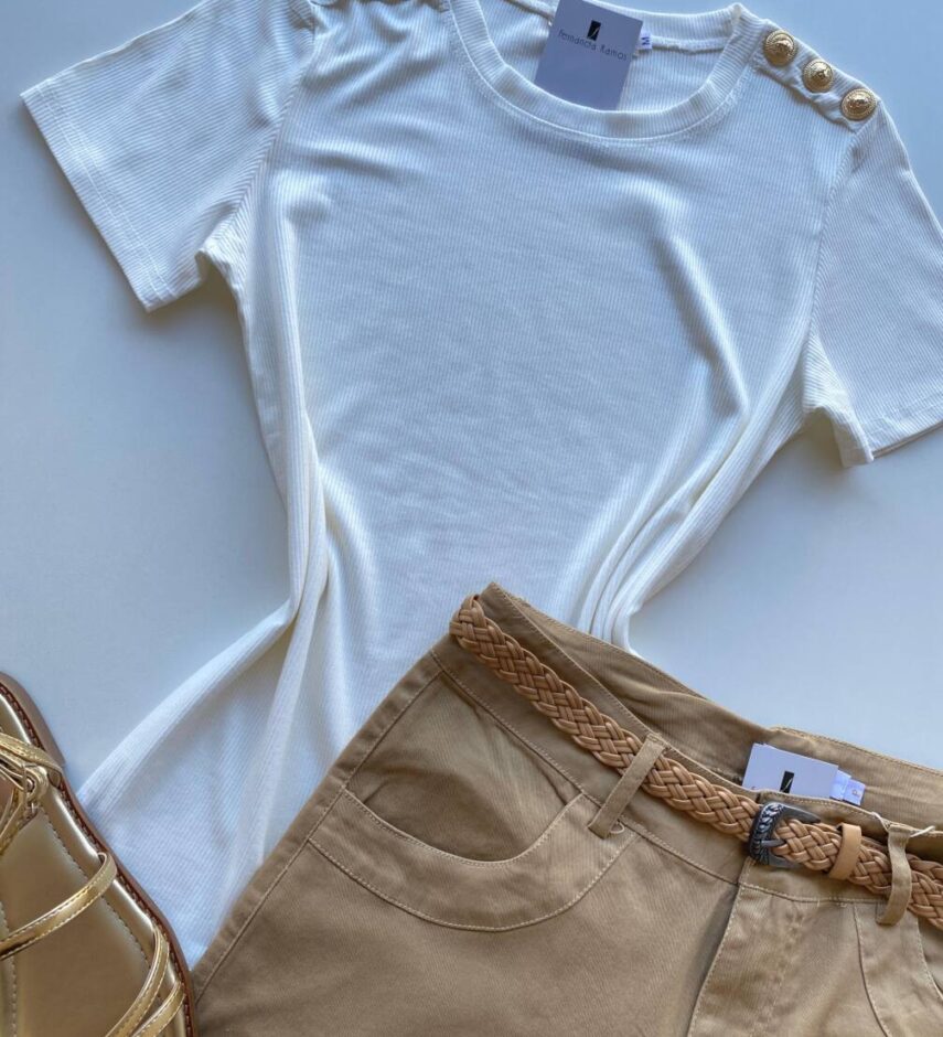 Blusa Feminina Manga Curta Modal Bella com Detalhe Off White - Fernanda Ramos Store