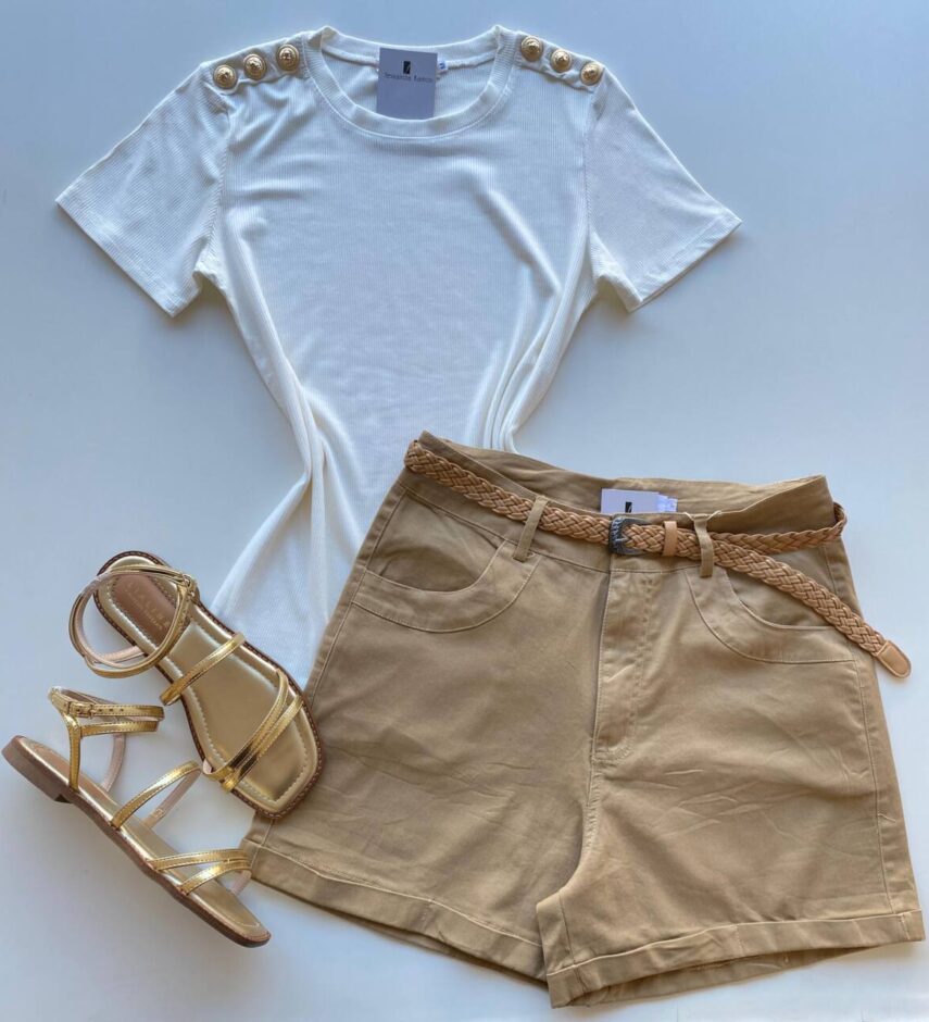 Blusa Feminina Manga Curta Modal Bella com Detalhe Off White - Fernanda Ramos Store