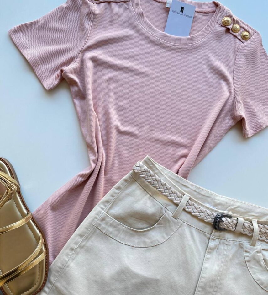 Blusa Feminina Manga Curta Modal Bella com Detalhe Rosé - Fernanda Ramos Store