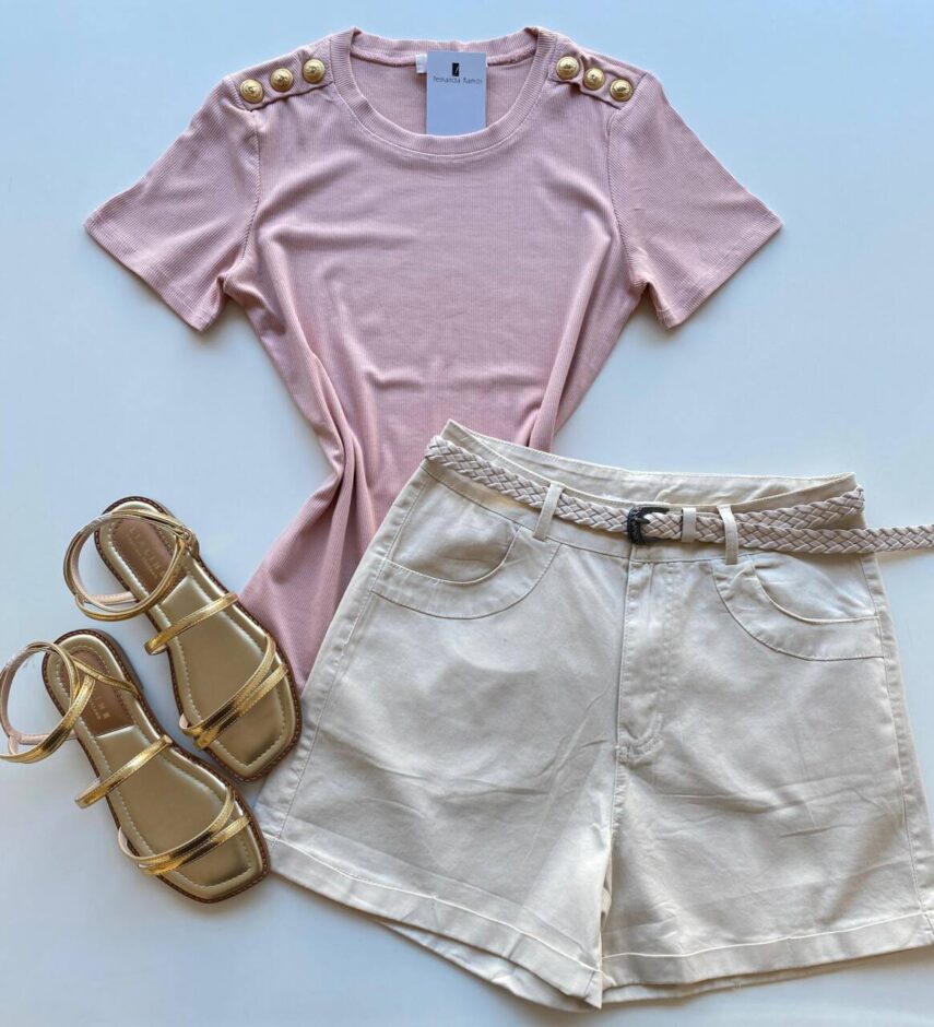 Blusa Feminina Manga Curta Modal Bella com Detalhe Rosé - Fernanda Ramos Store