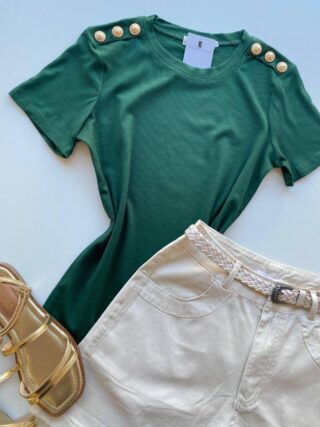 Blusa Feminina Manga Curta Modal Bella com Detalhe Verde - Fernanda Ramos Store