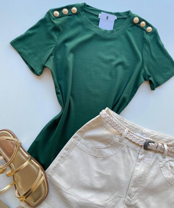 Blusa Feminina Manga Curta Modal Bella com Detalhe Verde - Fernanda Ramos Store