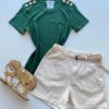 Blusa Feminina Manga Curta Modal Bella com Detalhe Verde - Fernanda Ramos Store