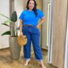 Blusa Feminina Manga Curta Plus Canelada Azul Bic - Fernanda Ramos Store