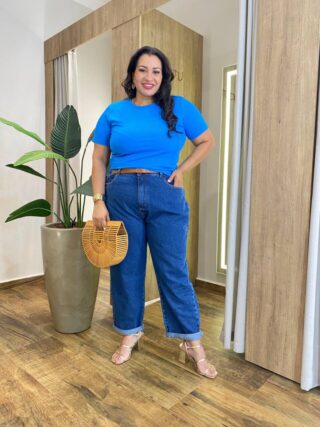 Blusa Feminina Manga Curta Plus Canelada Azul Bic - Fernanda Ramos Store