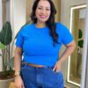 Blusa Feminina Manga Curta Plus Canelada Azul Bic - Fernanda Ramos Store