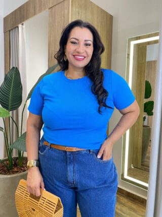 Blusa Feminina Manga Curta Plus Canelada Azul Bic - Fernanda Ramos Store