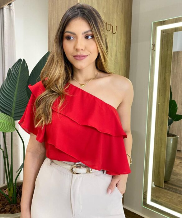 Blusa Feminina Nula Manga Rita Crepe com Babados Vermelha - Fernanda Ramos Store