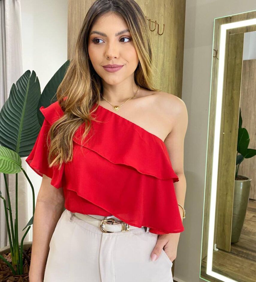 Blusa Feminina Nula Manga Rita Crepe com Babados Vermelha - Fernanda Ramos Store